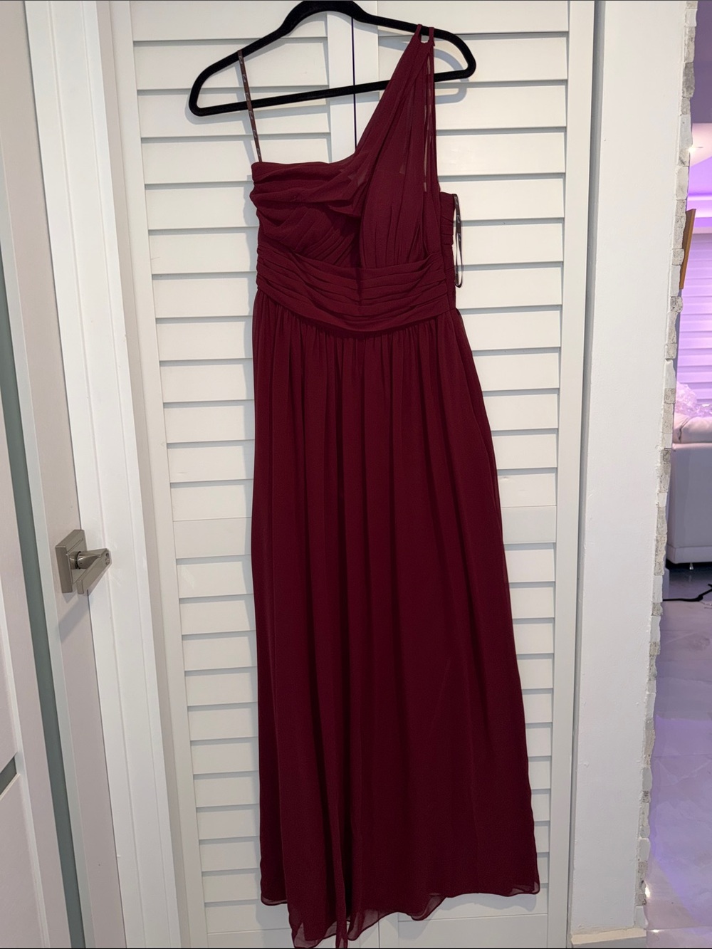 Camille La Vie One-Shoulder Burgundy Chiffon Evening Gown